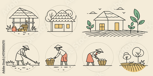 Collection of village life icons for design