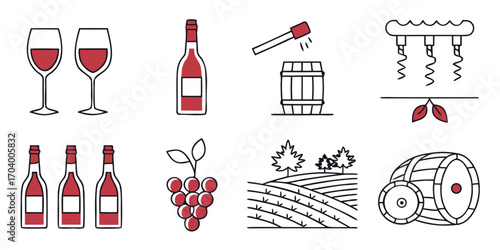Wine making and wine tasting vector line icons