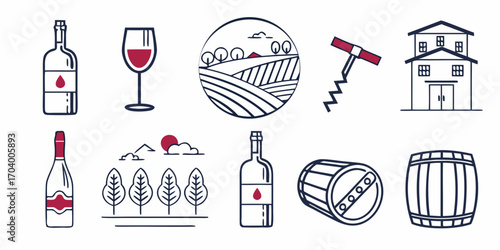 Wine making and wine tasting vector line icons