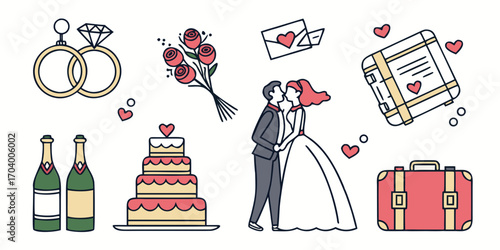 Wedding elements, cake, couple, rings, champagne