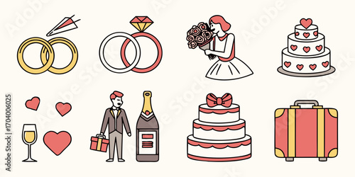 Wedding elements, cake, couple, rings, luggage