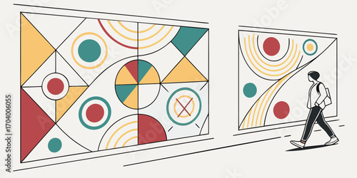 Man walking past geometric mural art