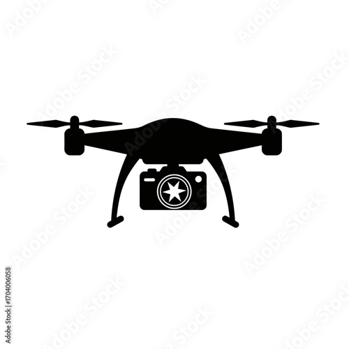 Silhouette of a modern drone with a camera mounted underneath, representing aerial photography and surveillance technology