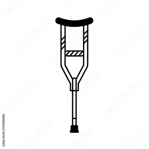 Minimalist black and white vector line art illustration of a crutch, representing medical support, mobility aid, injury recovery, and rehabilitation for assisted walking