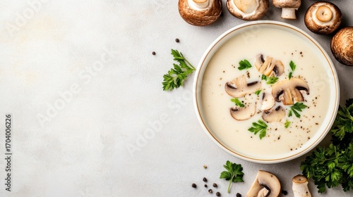 Fototapeta Naklejka Na Ścianę i Meble -  Creamy mushroom soup with parsley garnish