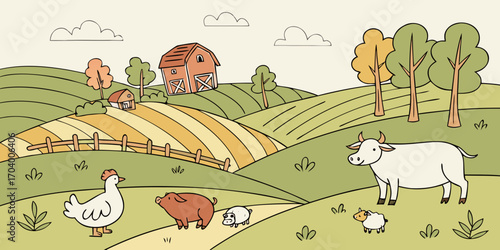 Cartoon farm landscape with animals, barn, fields, and trees in countryside