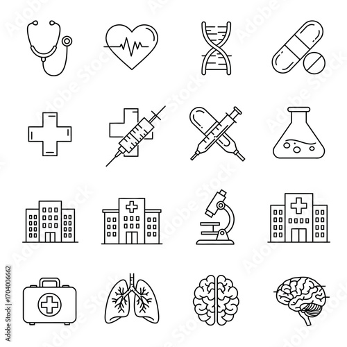 Collection of essential medical health and healthcare outline icons, featuring symbols for hospitals, diagnostics, science, and wellness applications