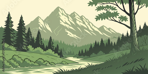 Tranquil mountain landscape with river flowing through a green forest meadow