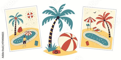Tropical summer vacation with palm trees and swimming pool