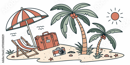 Tropical island vacation with palm trees, beach chair