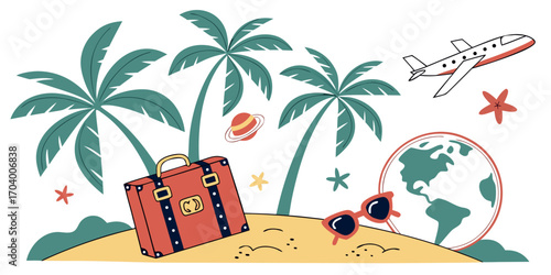 Tropical island vacation with palm trees and airplane