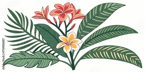 Tropical flower arrangement with plumeria and palm leaves