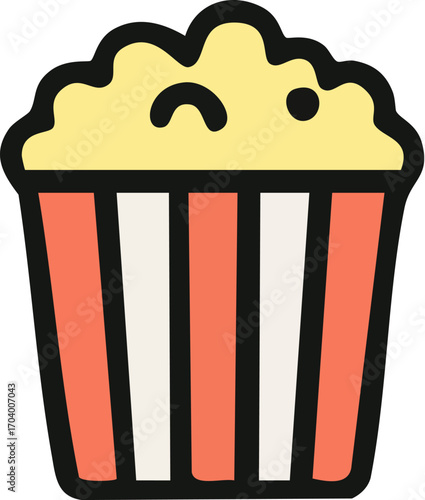 Cute cartoon popcorn in a striped bucket icon.