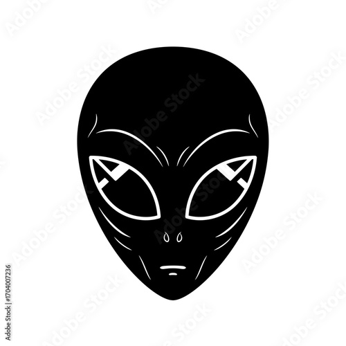 Stylized extraterrestrial head in a simple black and white design. A classic science fiction graphic representing cosmic visitors and the unknown universe