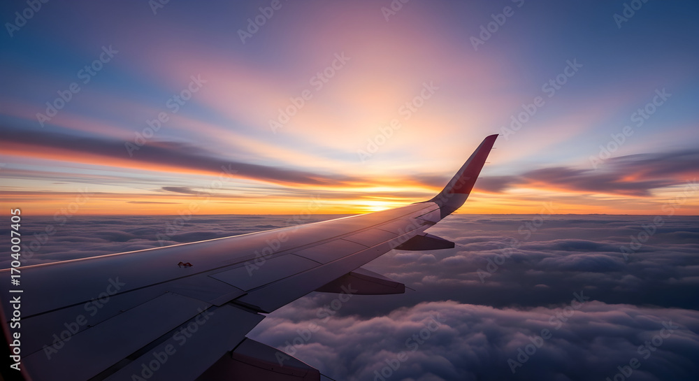Obraz premium Aerial view from airplane window showcasing a stunning sunset over the clouds during flight