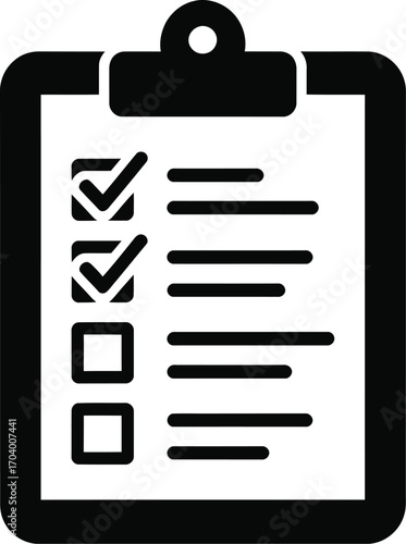 A black and white image of a clipboard with checkmarks and lines indicating a list of items present