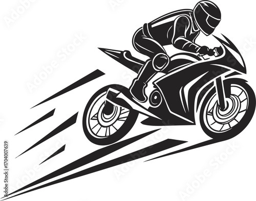 Futuristic Racing Motorbike Icon Vector with Rider in Helmet and Speed Motion Silhouette Design on White Background