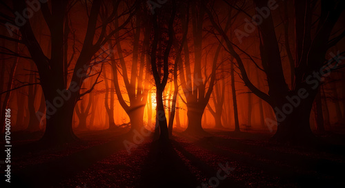 High-Detail Nighttime Forest Scene Featuring Mist and Glowing Orange Lights