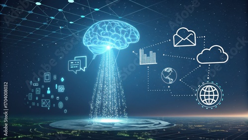 Digital Illustration of Brain, Data Streams and Connection Icons