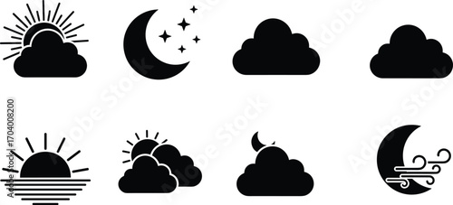 Set of weather icons in black silhouette style featuring sun, moon, clouds, stars, wind, day and night symbols.