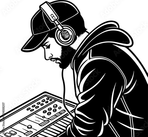 DJ Mixing Console Silhouette Line Art Illustration