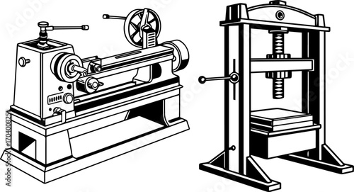 Lathe and Hydraulic Press Silhouette Line Art Illustration