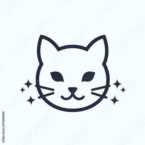 Adorable minimalist cat face illustration with a happy smile and sparkling whiskers. Clean vector graphic symbol for pet care or animal brand
