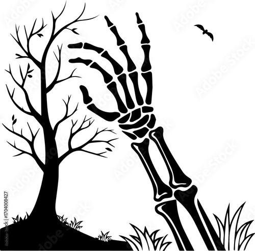 Skeleton Hand Reaching Out of the Ground with Bare Tree Vector