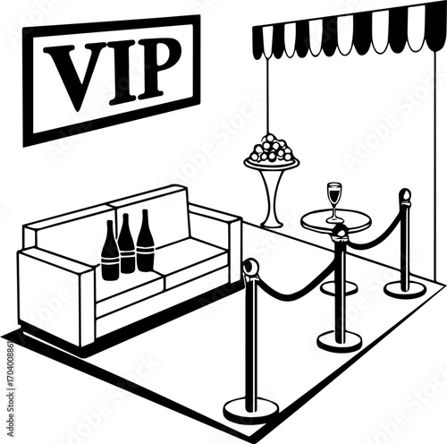 VIP Lounge Vector: Black-and-White Icon of Exclusive Section with Ropes and Couch