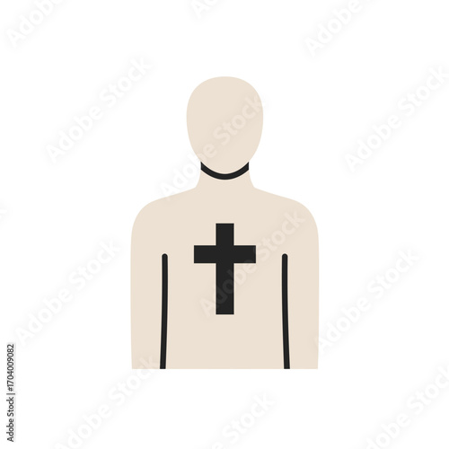 Minimalist illustration of a human figure with a Christian cross on the chest, a powerful symbol of faith, belief, and spiritual identity