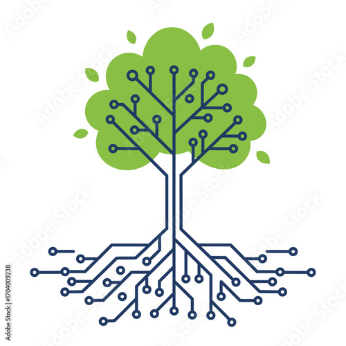 Conceptual illustration of a digital tree with electronic circuit board roots, symbolizing the synergy between green technology and nature