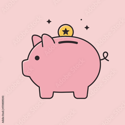 Vector icon of a pink piggy bank with a gold coin, symbolizing the concept of saving money, personal finance, and smart investment for the future