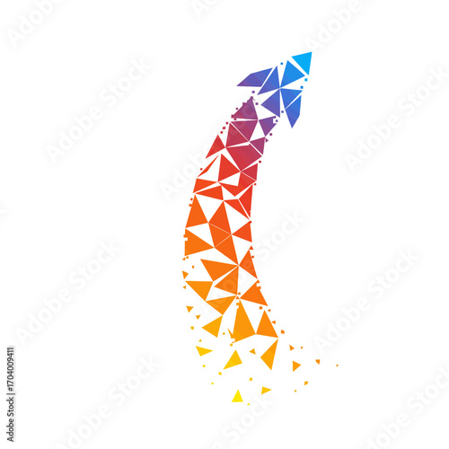 Dynamic curved arrow composed of fragmented geometric shapes in a colorful gradient, symbolizing progress, technology, and upward momentum