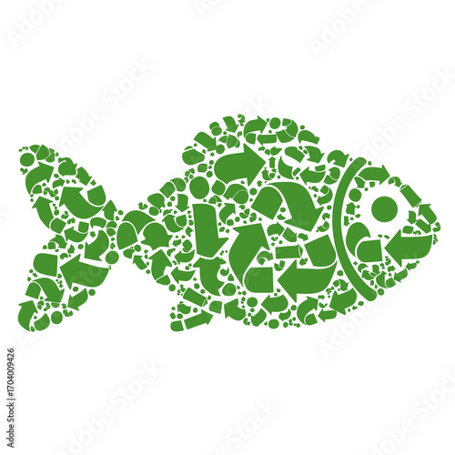 Conceptual illustration of environmental awareness with a fish created from green recycling symbols to promote ocean conservation and sustainability