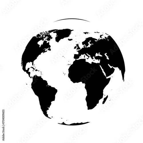 Minimalist black and white silhouette of planet Earth. A simple globe icon illustration showing continents on an isolated background representing global concepts