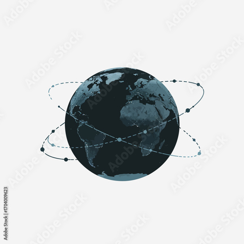 Abstract representation of global connectivity, featuring a stylized Earth with orbiting satellite communication lines symbolizing the digital network