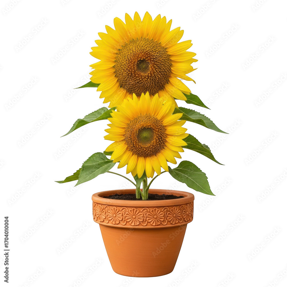 Obraz premium Two sunflowers in a terracotta pot isolated on transparent background