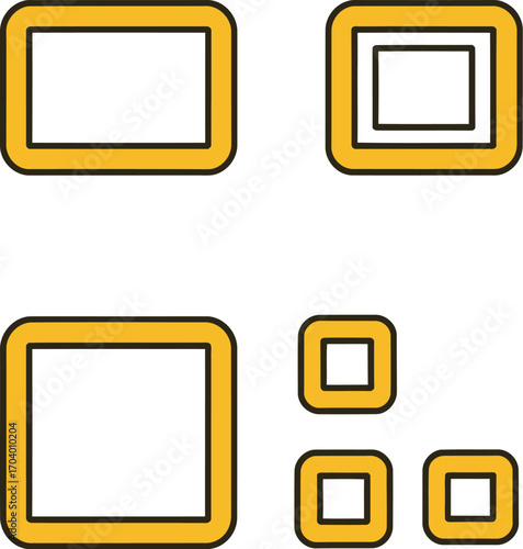 Various sized yellow outlined squares and rectangles arranged on a light yellow background surface view