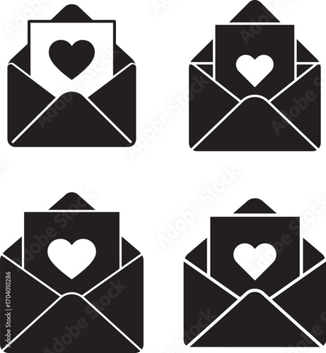 Four open envelopes with hearts inside silhouette
