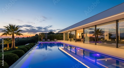 Stunning modern villa with infinity pool at dusk  offering luxurious lifestyle