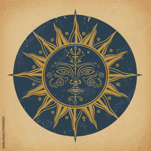 Mystical Sun Face Illustration with Ethnic Design Elements