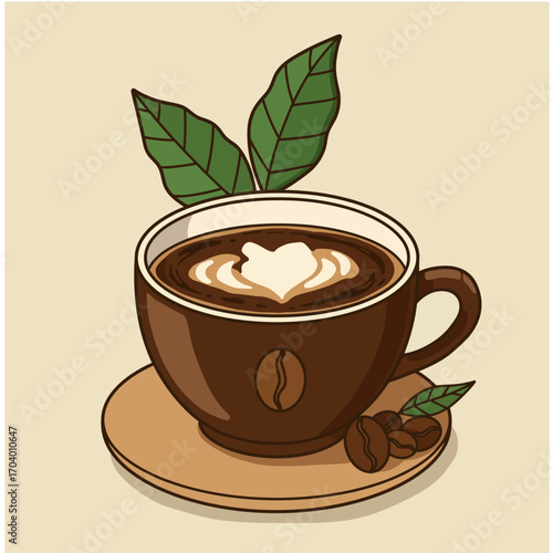 A Delicious Coffee Cup Illustration with Coffee Bean and Leaves Design