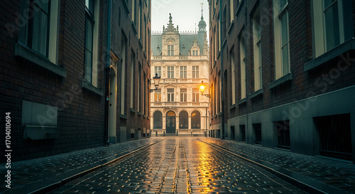 Historic building on rainy street in Antwerp, Belgium