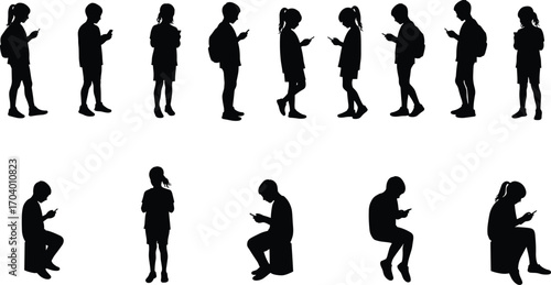 Silhouette of Children Using Smartphones While Sitting and Standing, Modern Digital Device Addiction and Screen Time Concept Vector Illustration