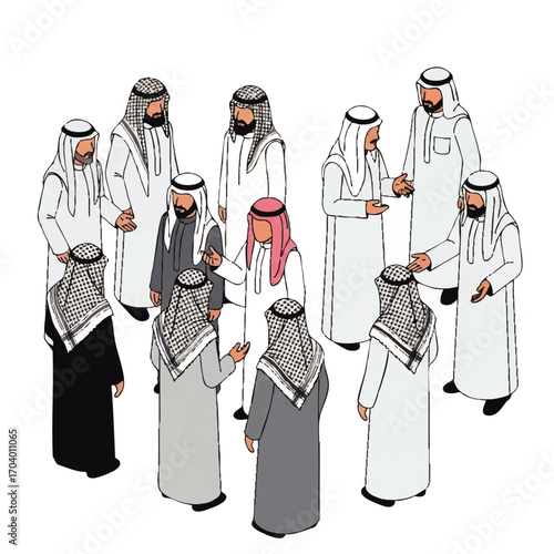 Isometric illustration of Arab men in traditional attire, conversing with hand gestures, wearing thobes and ghutras.