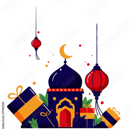 A festive Islamic illustration of a blue mosque with a crescent moon, surrounded by hanging red lanterns and colorful gift boxes for a celebration.