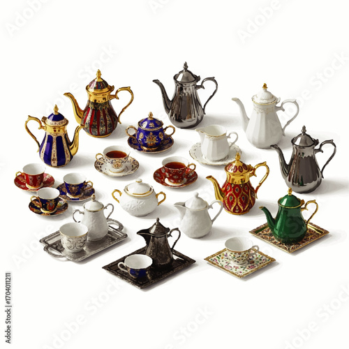 A diverse collection of ornate vintage tea and coffee sets, featuring porcelain, metallic, and gilded designs.