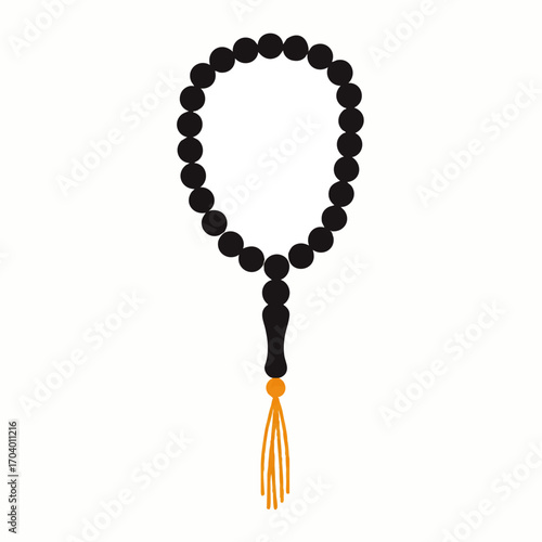 A flat vector illustration of black Islamic prayer beads, or tasbih, with a golden-orange tassel.