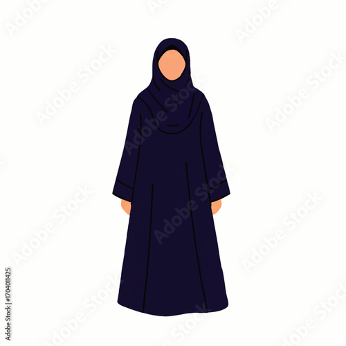 A minimalist illustration of a faceless Muslim woman standing in a dark blue hijab and abaya.