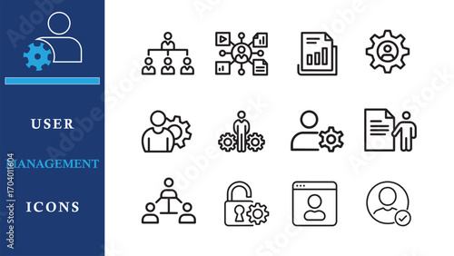 User management icons set – profile, hierarchy, settings, access control, permissions, gear symbols, organizational interface visuals